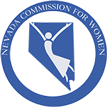 Commission for Women logo blue ring around State of Nevada with woman character dancing
