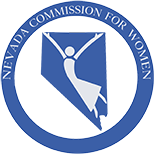 Commission for Women logo blue circle around the state of Nevada and a women dancing